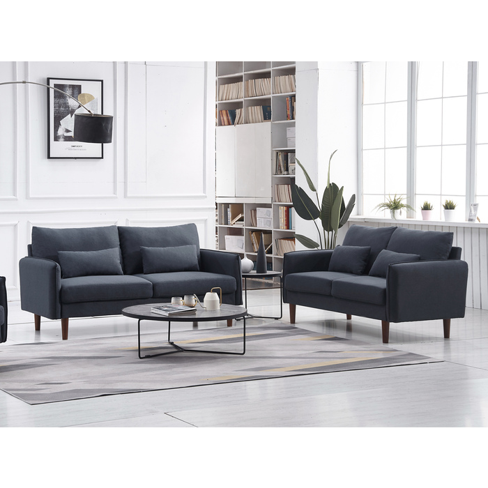 8153-2PC 2PC BLUE GRAY Linen Stationary Basic Living Room Set w/ Throw Pillows