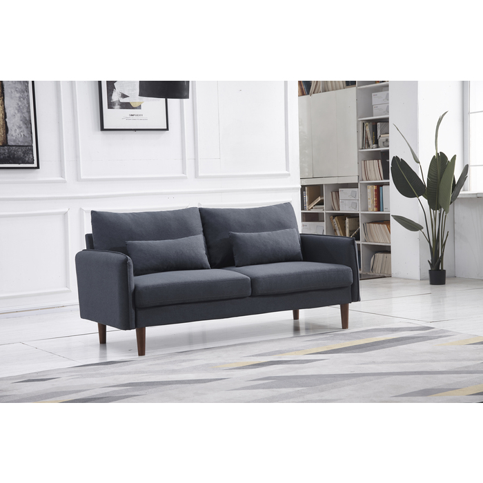 8153-SOFA BLUE GRAY Linen Stationary Basic Sofa w/ Throw Pillows