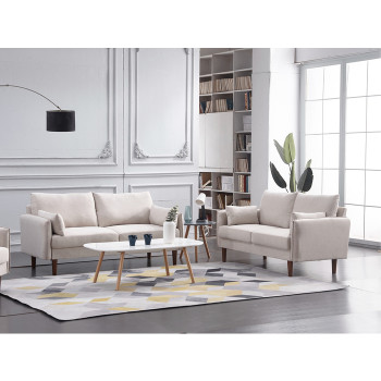 8157-2PC 2PC BEIGE Linen Stationary Basic Living Room Set w/ Throw Pillows