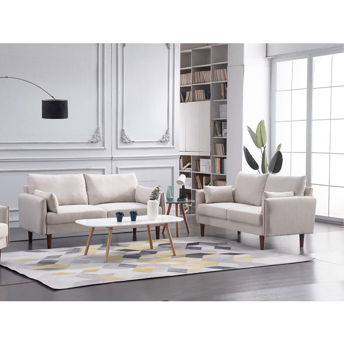 8157-2PC 2PC BEIGE Linen Stationary Basic Living Room Set w/ Throw Pillows