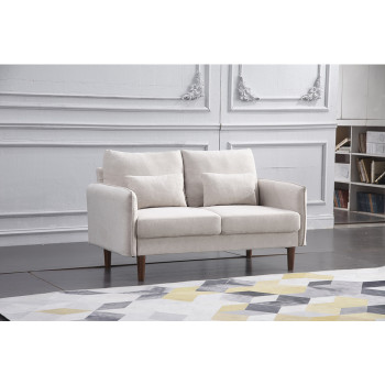 8157-LOVE BEIGE Linen Stationary Basic Loveseat w/ Throw Pillows