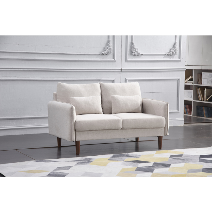 8157-LOVE BEIGE Linen Stationary Basic Loveseat w/ Throw Pillows