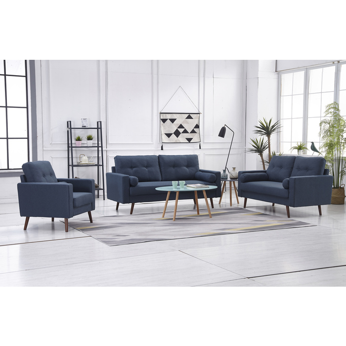 8135-3PC 3PC NAVY Linen Stationary Tufted Back Living Room Set w/ Cylinder Throw Pillows