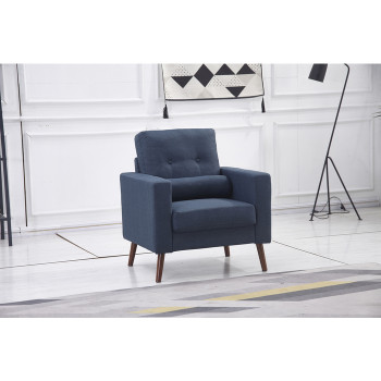 8135-CHAIR NAVY Linen Stationary Tufted Back Chair w/ Cylinder Throw Pillow