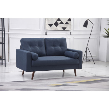 8135-LOVE NAVY Linen Stationary Tufted Back Loveseat w/ Cylinder Throw Pillows