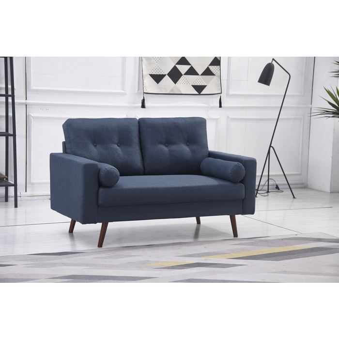 8135-LOVE NAVY Linen Stationary Tufted Back Loveseat w/ Cylinder Throw Pillows
