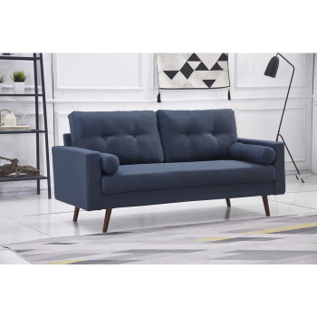 8135-SOFA NAVY Linen Stationary Tufted Back Sofa w/ Cylinder Throw Pillows