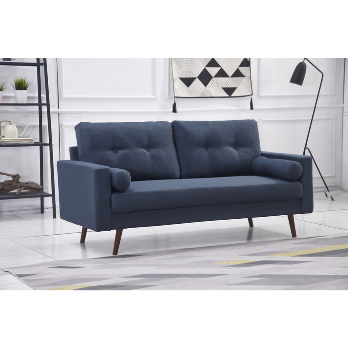 8135-SOFA NAVY Linen Stationary Tufted Back Sofa w/ Cylinder Throw Pillows