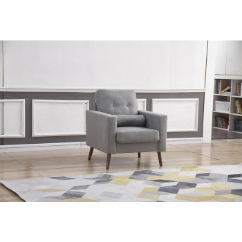 8132-CHAIR LIGHT GRAY Linen Stationary Tufted Back Chair w/ Cylinder Throw Pillow