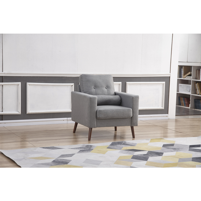 8132-CHAIR LIGHT GRAY Linen Stationary Tufted Back Chair w/ Cylinder Throw Pillow