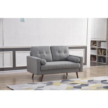 8132-LOVE LIGHT GRAY Linen Stationary Tufted Back Loveseat w/ Cylinder Throw Pillows