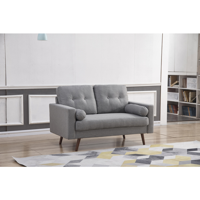 8132-LOVE LIGHT GRAY Linen Stationary Tufted Back Loveseat w/ Cylinder Throw Pillows