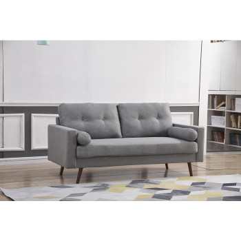 8132-SOFA LIGHT GRAY Linen Stationary Tufted Back Sofa w/ Cylinder Throw Pillows