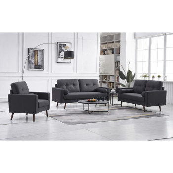 8131-3PC 3PC DARK GRAY Linen Stationary Tufted Back Living Room Set w/ Cylinder Throw Pillows