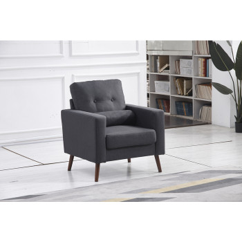 8131-CHAIR DARK GRAY Linen Stationary Tufted Back Chair w/ Cylinder Throw Pillow