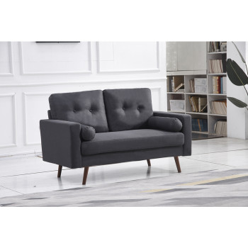 8131-LOVE DARK GRAY Linen Stationary Tufted Back Loveseat w/ Cylinder Throw Pillows
