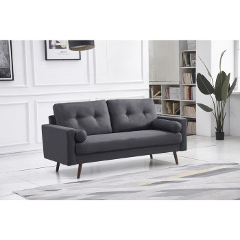 8131-SOFA DARK GRAY Linen Stationary Tufted Back Sofa w/ Cylinder Throw Pillows