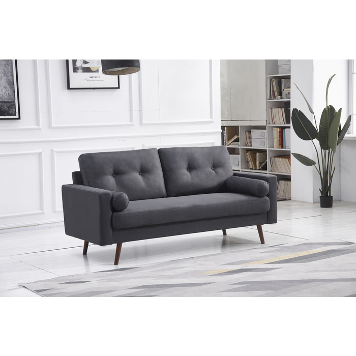 8131-SOFA DARK GRAY Linen Stationary Tufted Back Sofa w/ Cylinder Throw Pillows