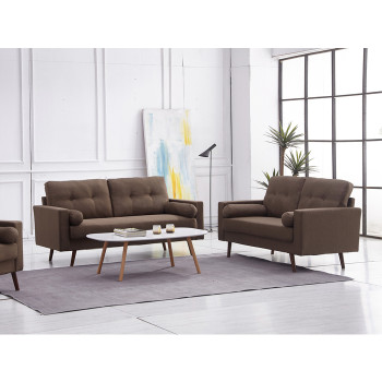 8133-2PC 2PC BROWN Linen Stationary Tufted Back Living Room Set w/ Cylinder Throw Pillows