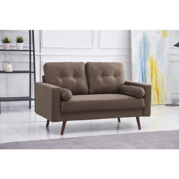 8133-LOVE BROWN Linen Stationary Tufted Back Loveseat w/ Cylinder Throw Pillows