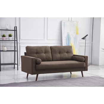 8133-SOFA BROWN Linen Stationary Tufted Back Sofa w/ Cylinder Throw Pillows