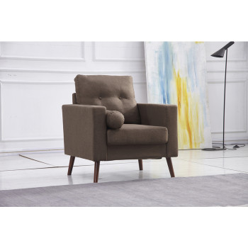 8133-CHAIR BROWN Linen Stationary Tufted Back Chair w/ Cylinder Throw Pillow