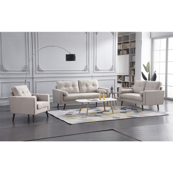 8137-3PC 3PC BEIGE Linen Stationary Tufted Back Living Room Set w/ Cylinder Throw Pillows