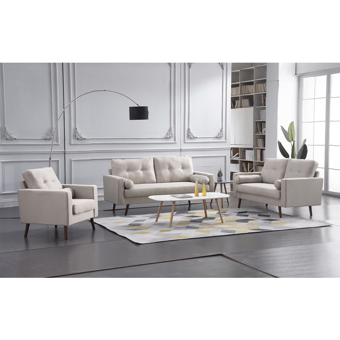 8137-3PC 3PC BEIGE Linen Stationary Tufted Back Living Room Set w/ Cylinder Throw Pillows