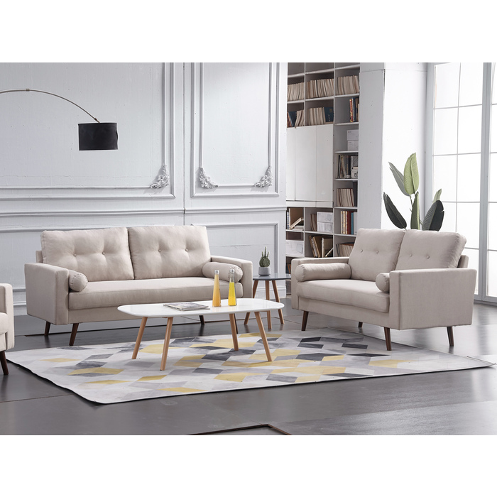 8137-2PC 2PC BEIGE Linen Stationary Tufted Back Living Room Set w/ Cylinder Throw Pillows