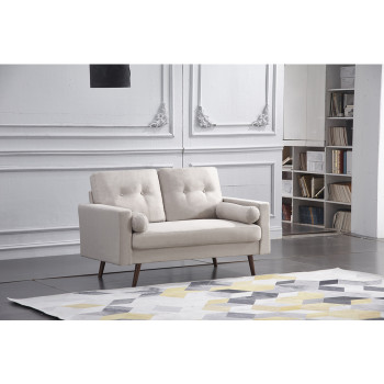 8137-LOVE BEIGE Linen Stationary Tufted Back Loveseat w/ Cylinder Throw Pillows