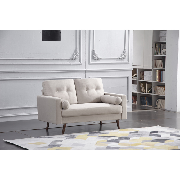 8137-LOVE BEIGE Linen Stationary Tufted Back Loveseat w/ Cylinder Throw Pillows