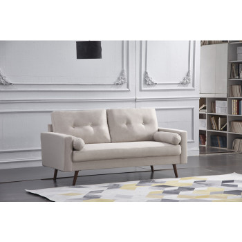 8137-SOFA BEIGE Linen Stationary Tufted Back Sofa w/ Cylinder Throw Pillows