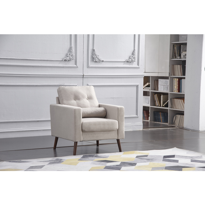 8137-CHAIR BEIGE Linen Stationary Tufted Back Chair w/ Cylinder Throw Pillow