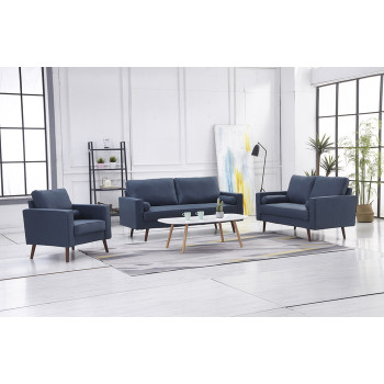 8116-3PC 3PC NAVY Linen Stationary Tufted Seat Living Room Set w/ Cylinder Throw Pillows