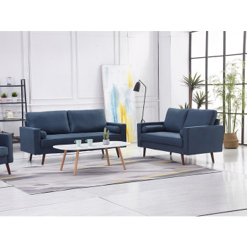 8116-2PC 2PC NAVY Linen Stationary Tufted Seat Living Room Set w/ Cylinder Throw Pillows