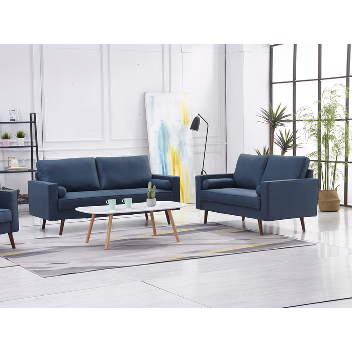 8116-2PC 2PC NAVY Linen Stationary Tufted Seat Living Room Set w/ Cylinder Throw Pillows