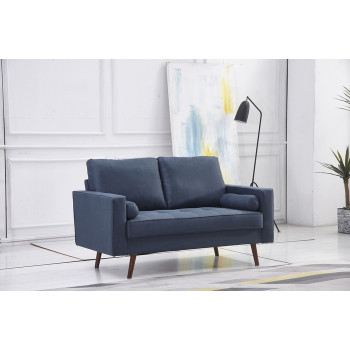 8116-LOVE NAVY Linen Stationary Tufted Seat Loveseat w/ Cylinder Throw Pillows
