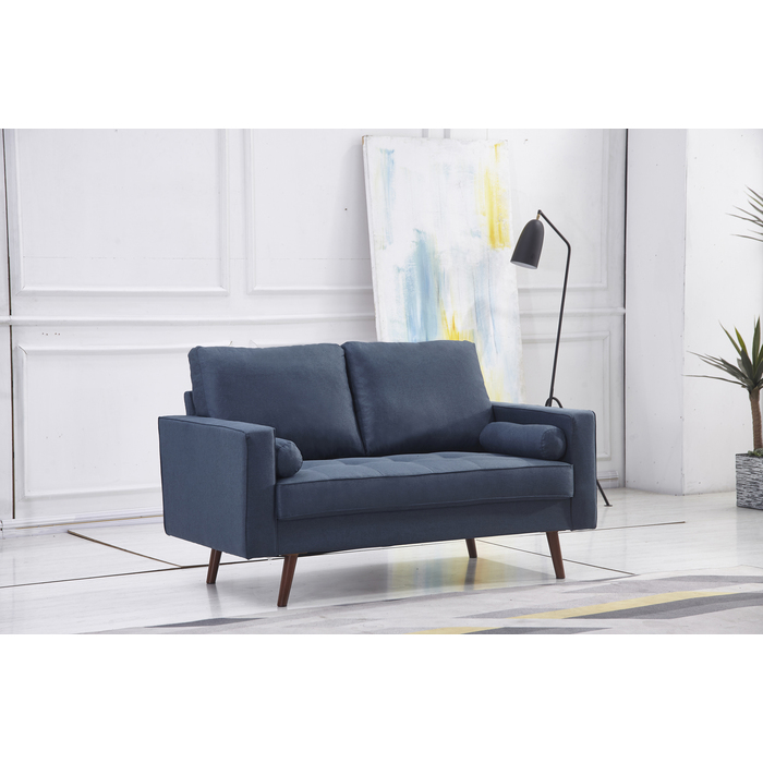 8116-LOVE NAVY Linen Stationary Tufted Seat Loveseat w/ Cylinder Throw Pillows