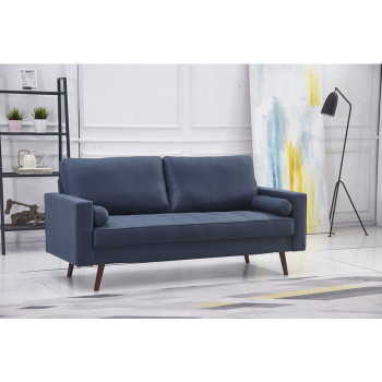 8116-SOFA NAVY Linen Stationary Tufted Seat Sofa w/ Cylinder Throw Pillows