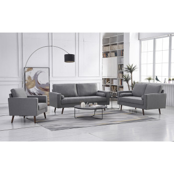 8113-3PC 3PC LIGHT GRAY Linen Stationary Tufted Seat Living Room Set w/ Cylinder Throw Pillows