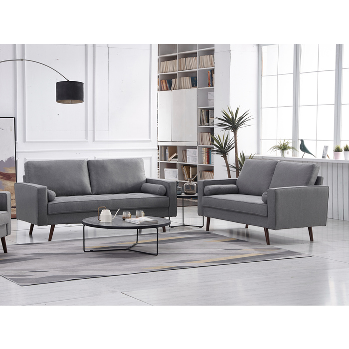 8113-2PC 2PC LIGHT GRAY Linen Stationary Tufted Seat Living Room Set w/ Cylinder Throw Pillows