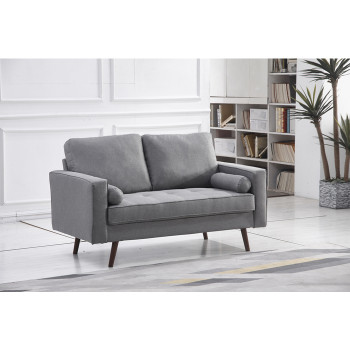 8113-LOVE LIGHT GRAY Linen Stationary Tufted Seat Loveseat w/ Cylinder Throw Pillows