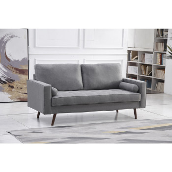 8113-SOFA LIGHT GRAY Linen Stationary Tufted Seat Sofa w/ Cylinder Throw Pillows