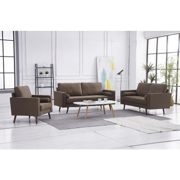 8115-3PC 3PC BROWN Linen Stationary Tufted Seat Living Room Set w/ Cylinder Throw Pillows