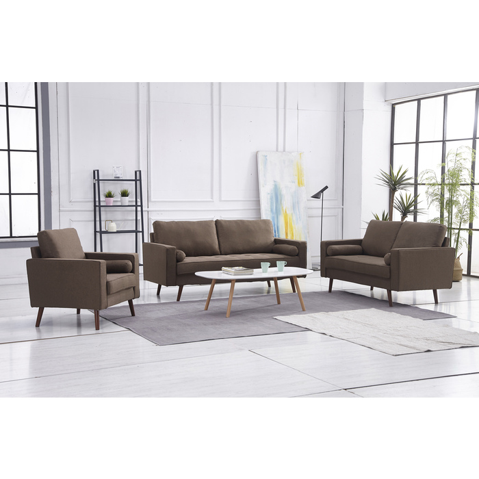 8115-3PC 3PC BROWN Linen Stationary Tufted Seat Living Room Set w/ Cylinder Throw Pillows