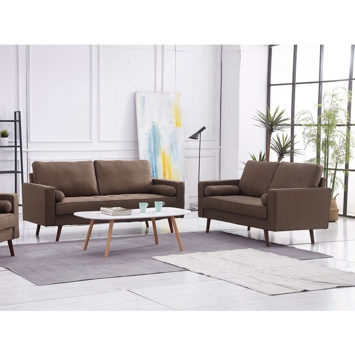 8115-2PC 2PC BROWN Linen Stationary Tufted Seat Living Room Set w/ Cylinder Throw Pillows