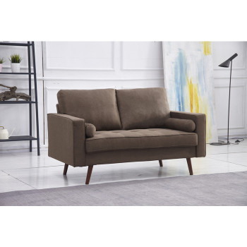 8115-LOVE BROWN Linen Stationary Tufted Seat Loveseat w/ Cylinder Throw Pillows