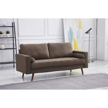 8115-SOFA BROWN Linen Stationary Tufted Seat Sofa w/ Cylinder Throw Pillows