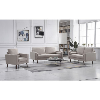 8117-3PC 3PC BEIGE Linen Stationary Tufted Seat Living Room Set w/ Cylinder Throw Pillows