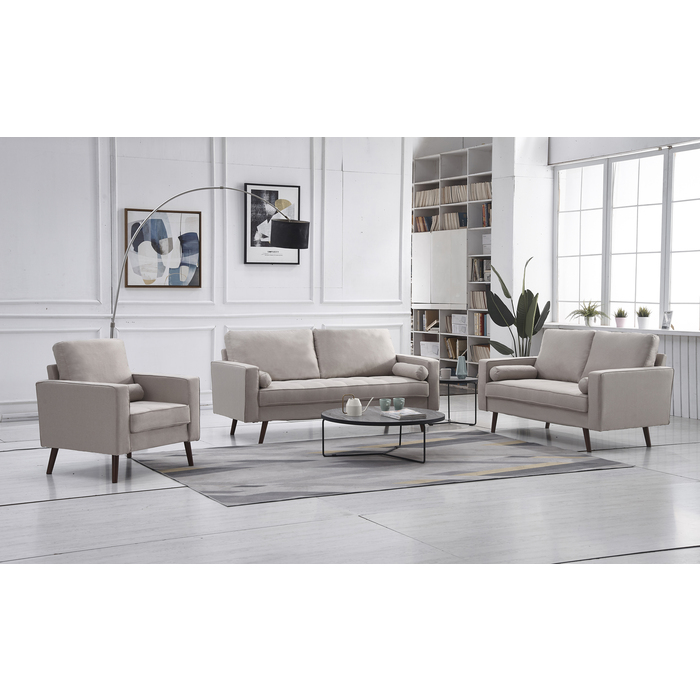 8117-3PC 3PC BEIGE Linen Stationary Tufted Seat Living Room Set w/ Cylinder Throw Pillows